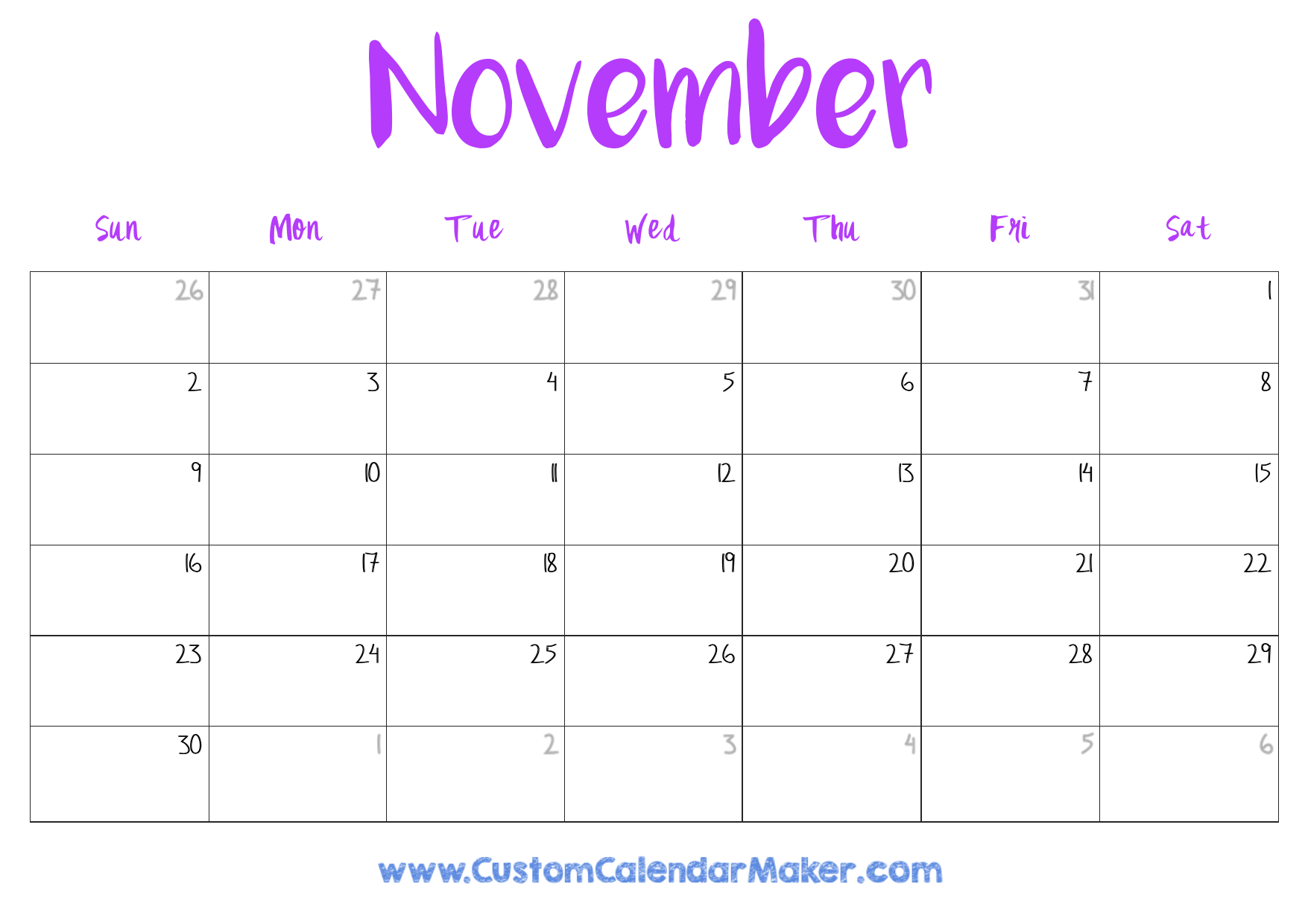 Blank Novermber Calendar Printable