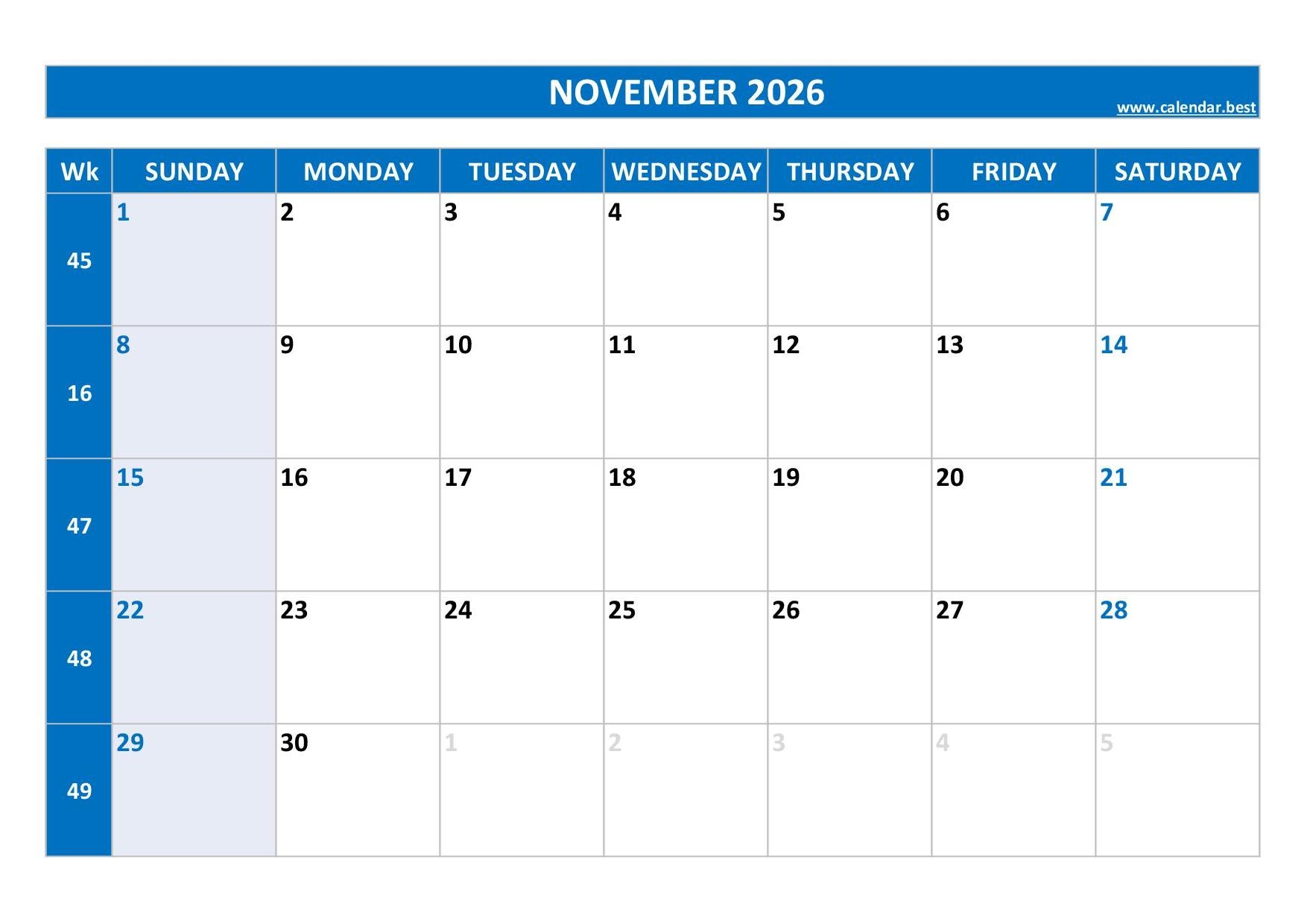 Printable Blank Calendar 2026 November