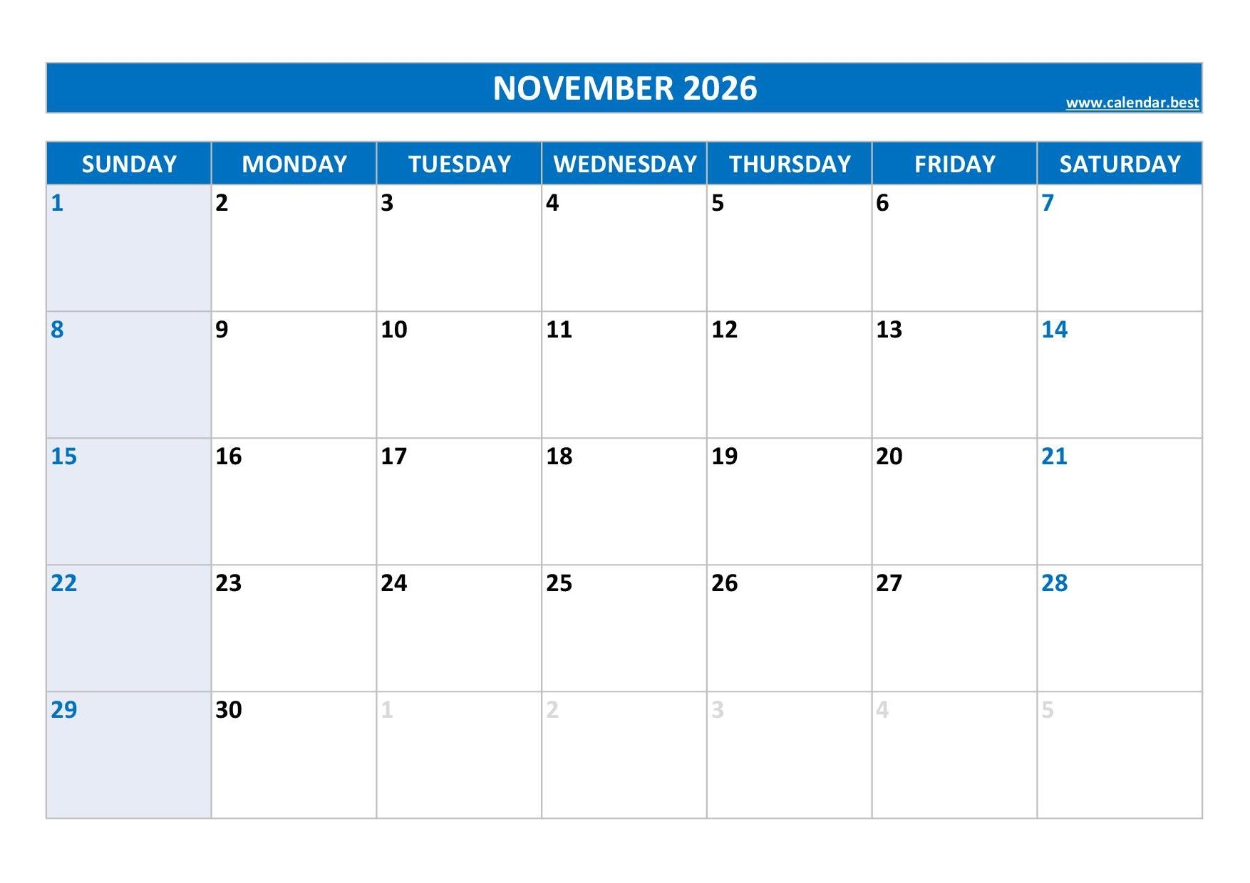 Blank Printable Calendars November 2026