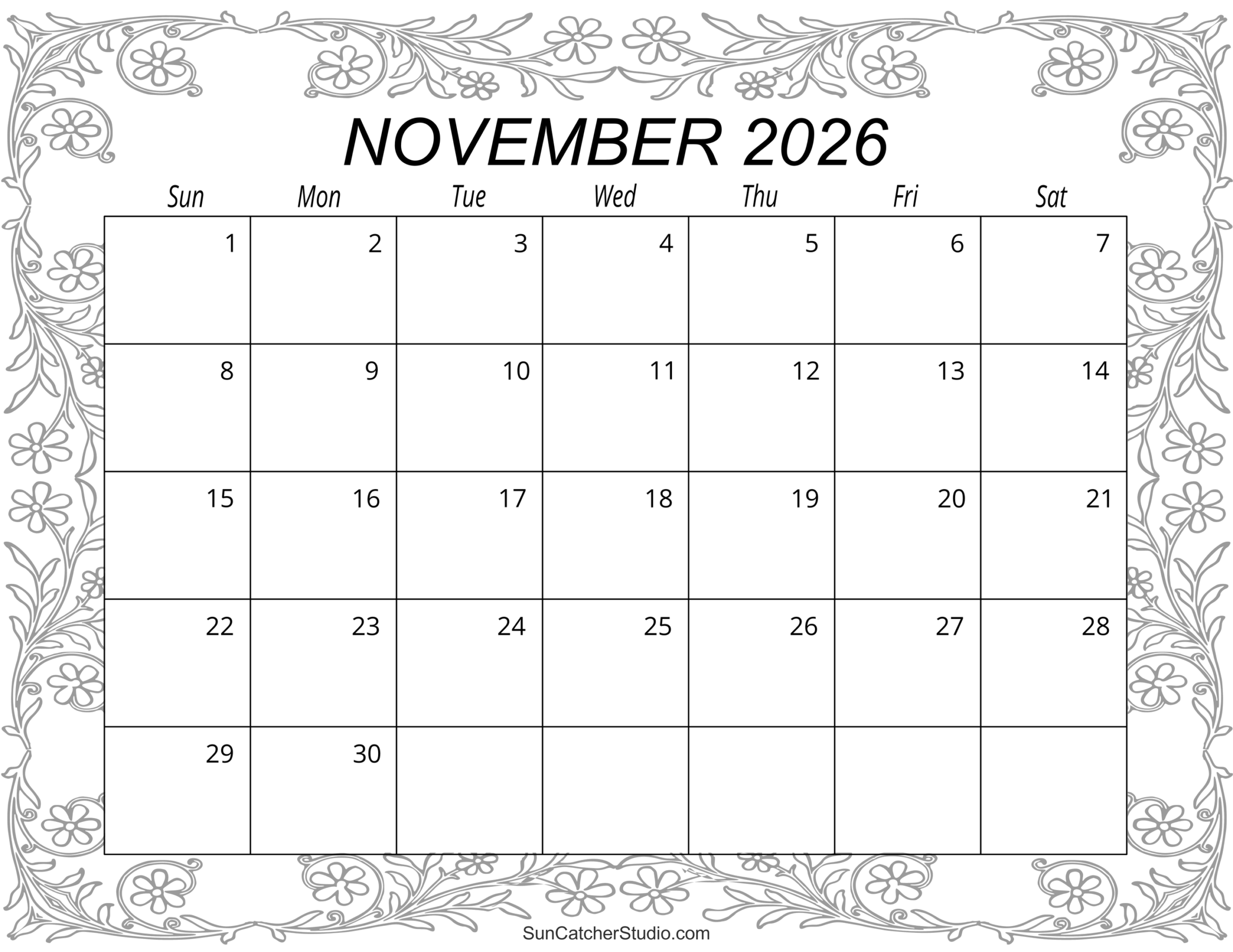 Blank Calendar November 2026 Printable