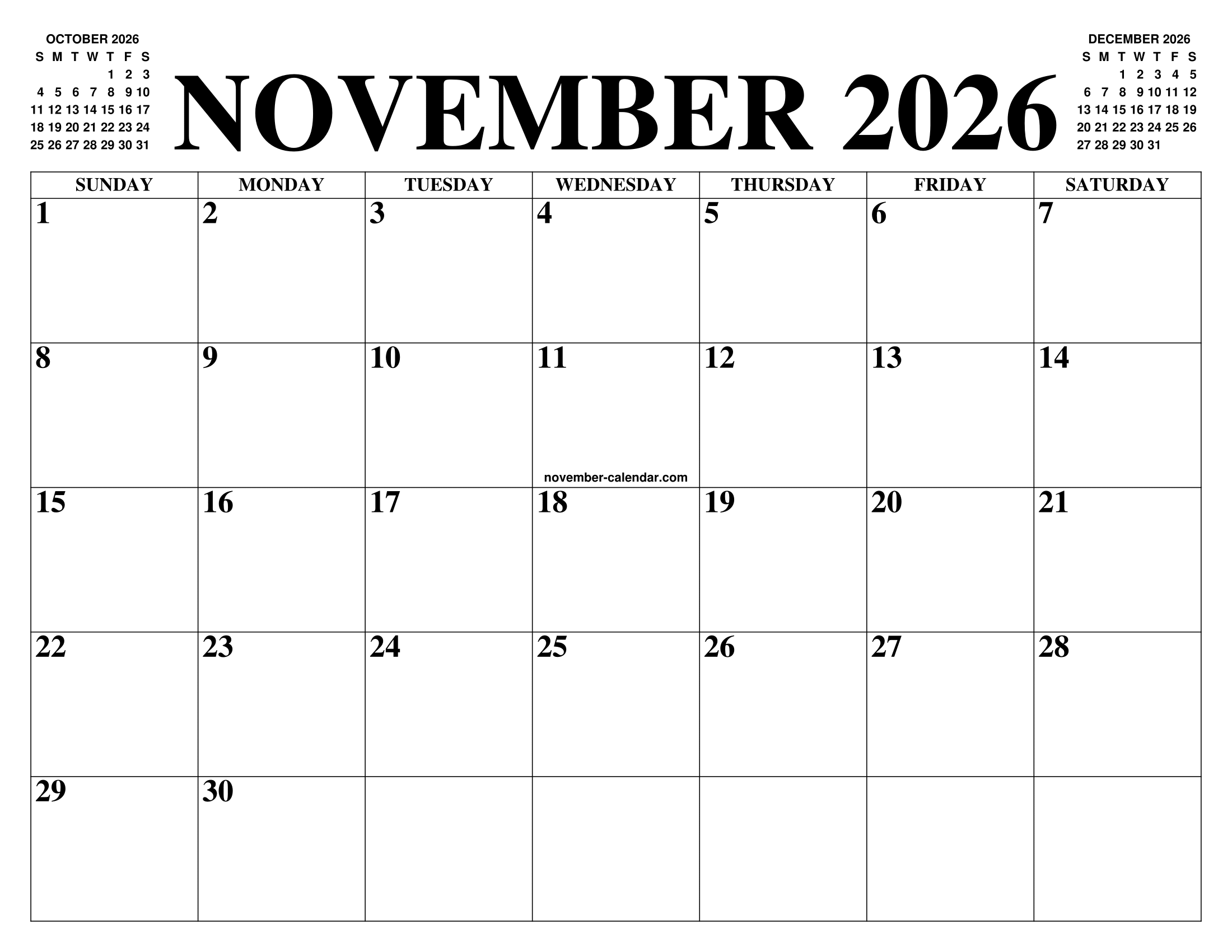 NOVEMBER 2026 CALENDAR OF THE MONTH FREE PRINTABLE NOVEMBER 