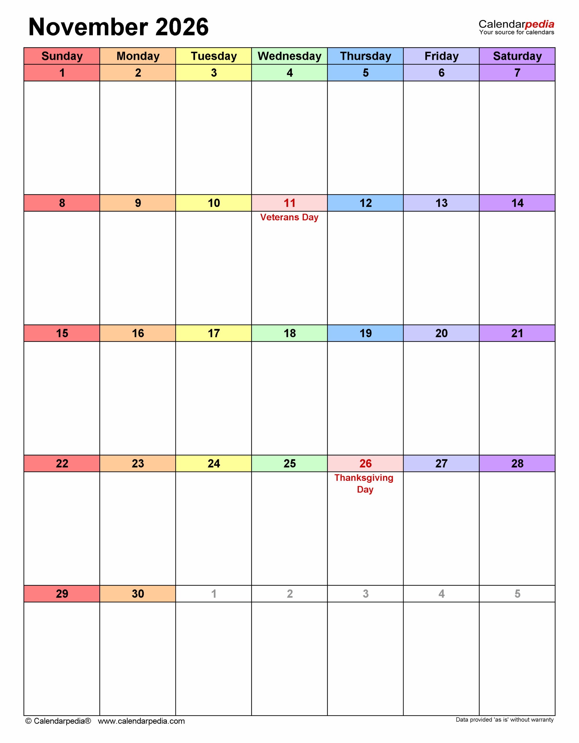 Blank Novembre 2026 Calendar Printable