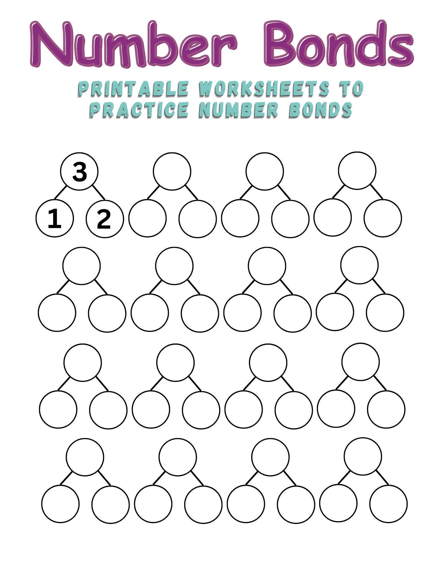 Number Bonds Blank Worksheets Kindergarten First Second Grade Math 