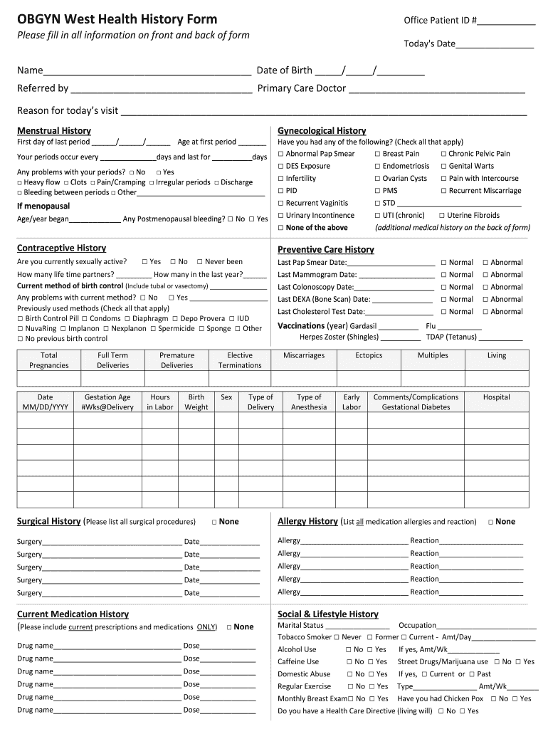 OBGYN West Health History Form Fill Online Printable Fillable 
