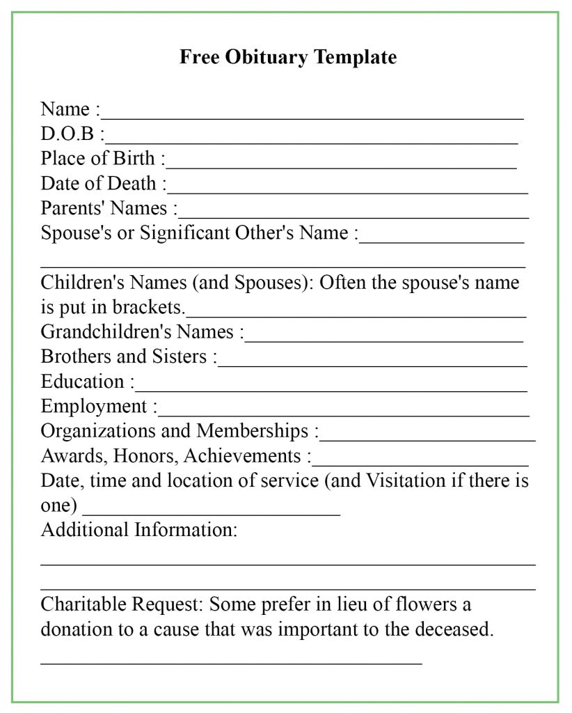 Blank Free Printable Obituary Templates