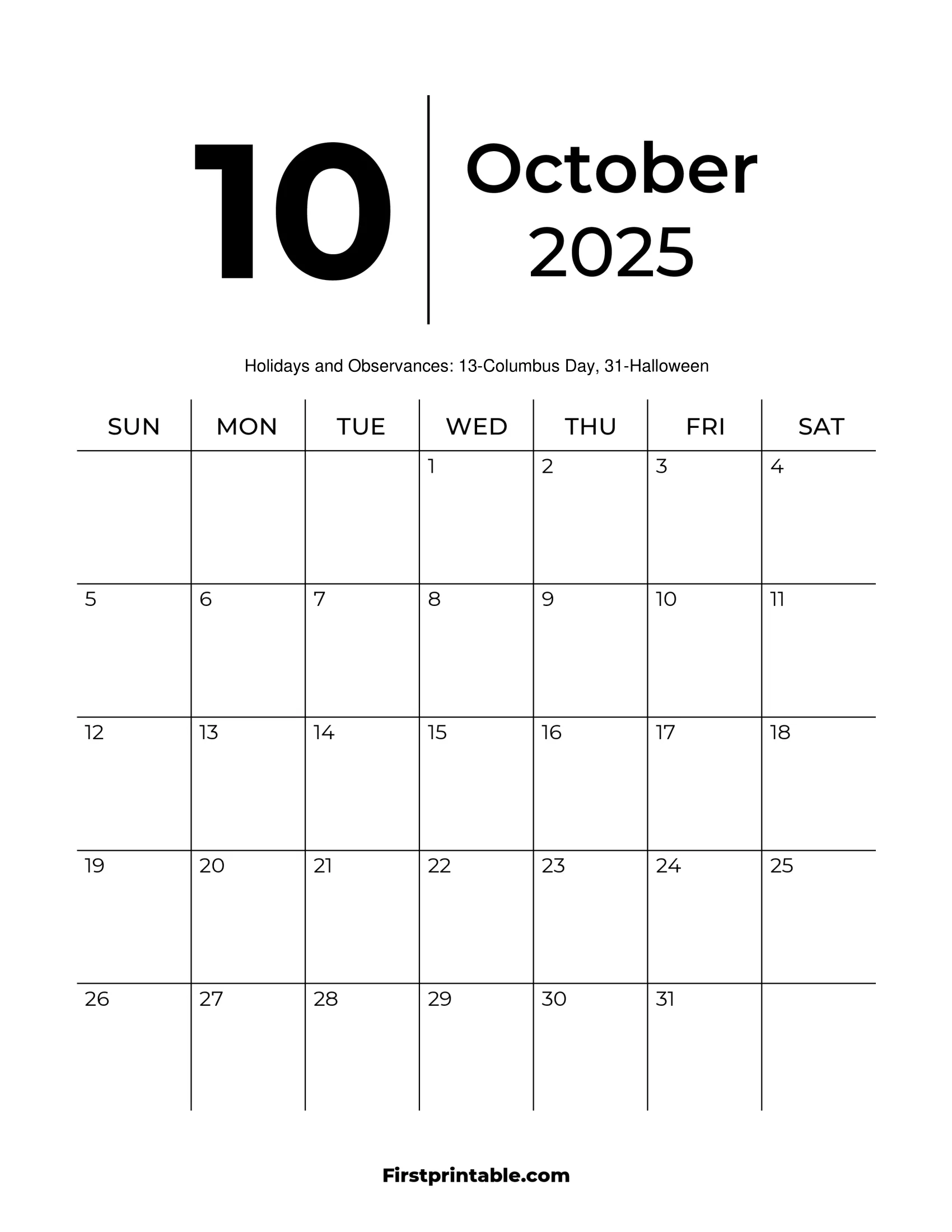 Blank October Calendasr Printable
