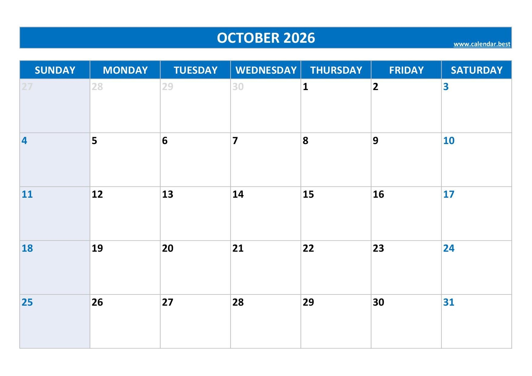 Blank Printable October 2026 Calender