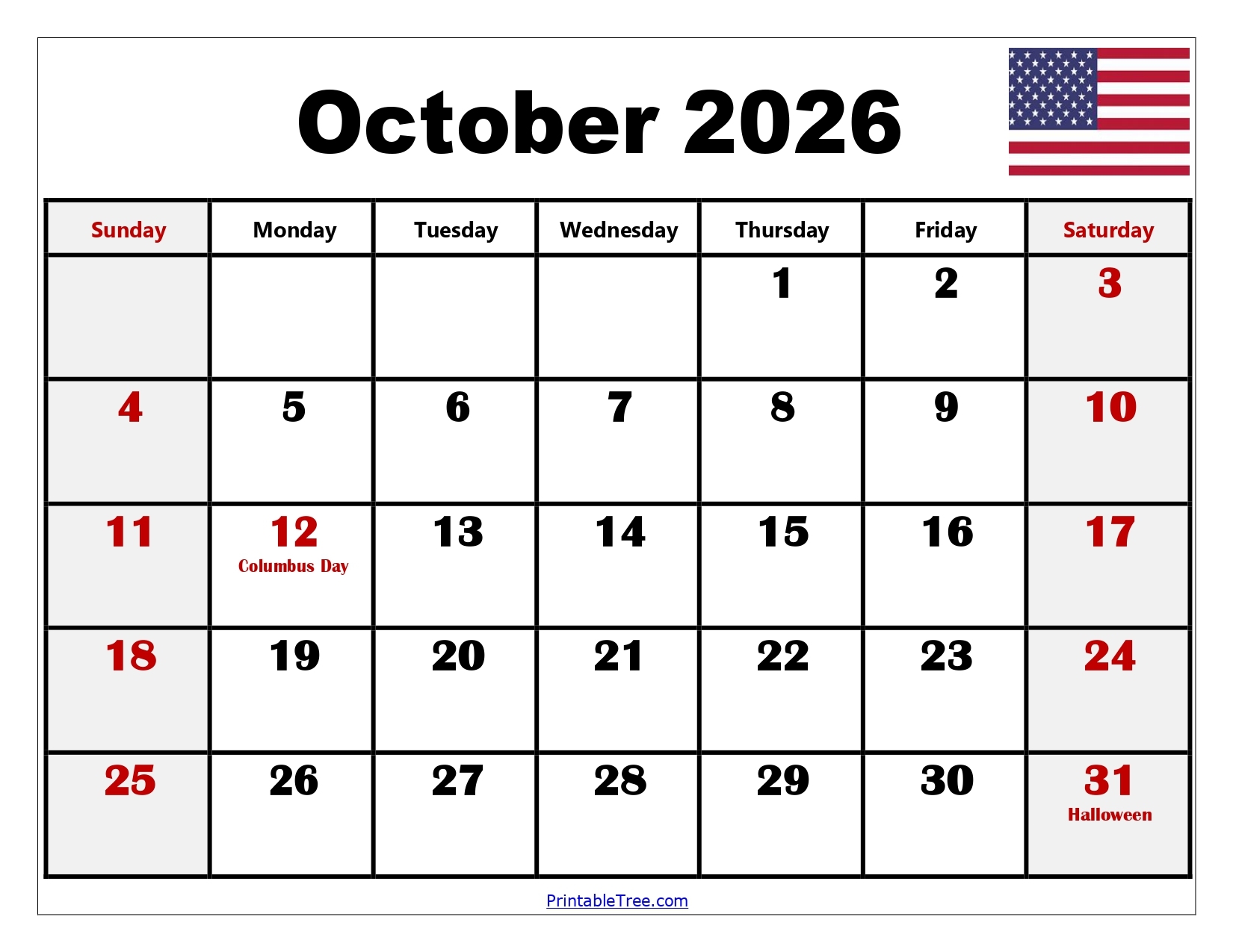 Blank Schedule Printable October 2026