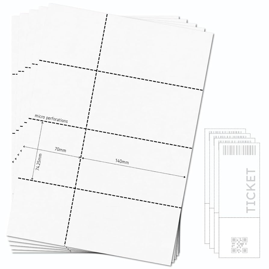 OfficeGear 4 Piece Event Tickets 25 Sheets 100 Tickets 74mm X 210mm Includes Custom Printable A4 Card 150gsm With 4 Perforated Tickets Sheets For 
