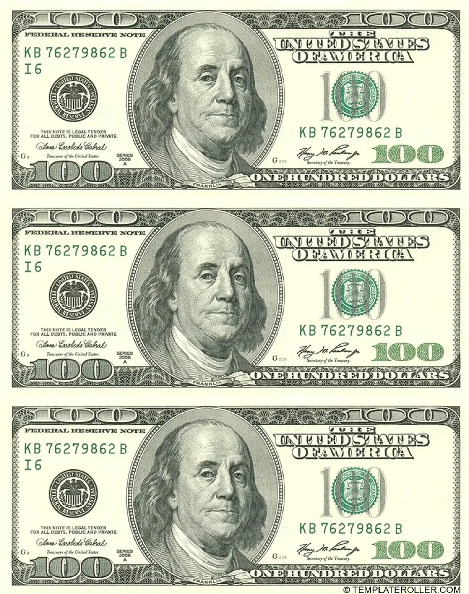 One Hundred Dollar Bill Template Front Download Printable PDF 