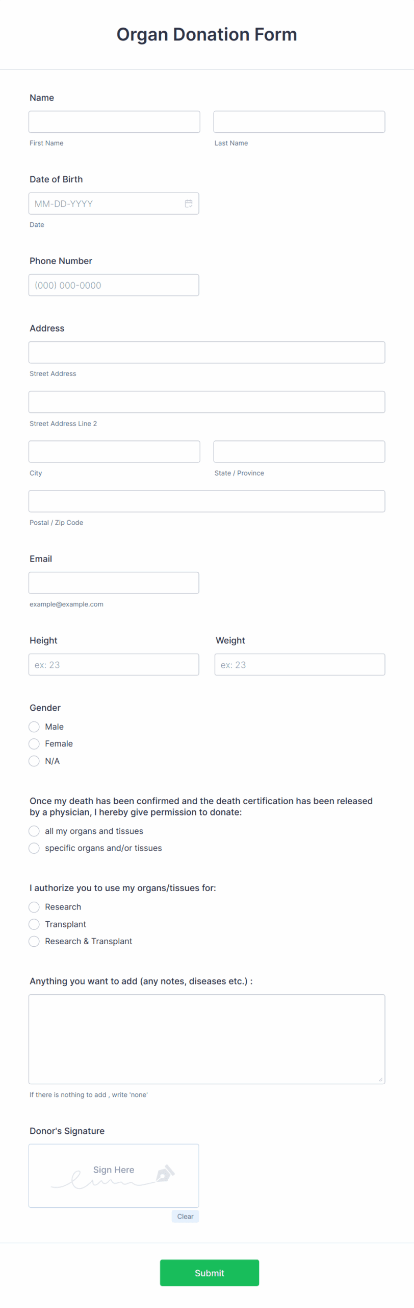 Organ Donation Form Template Jotform