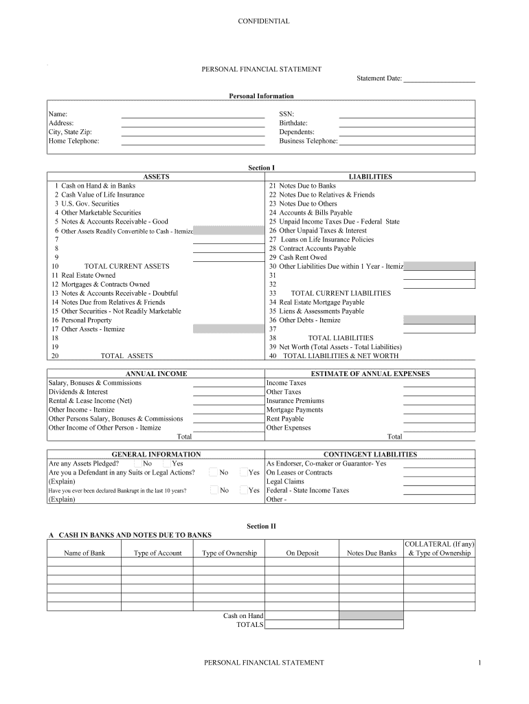 Personal Financial Statement 1 Form Fill Online Printable 