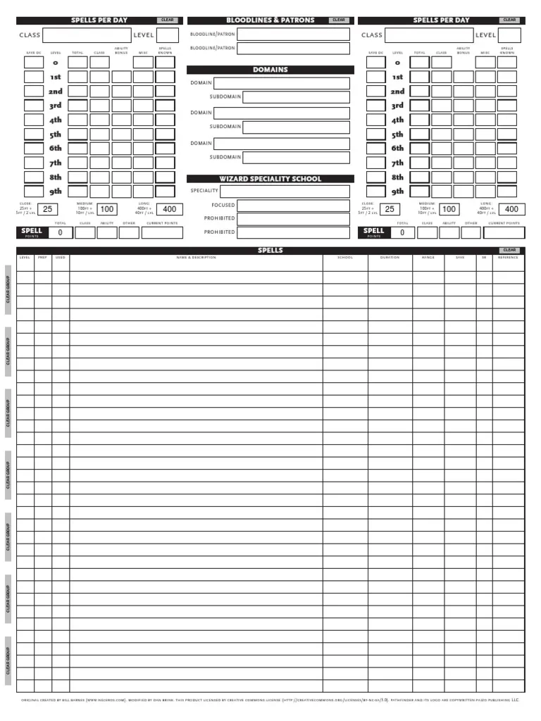 PF Spell Sheet PDF D20 System Fantasy Role Playing Games