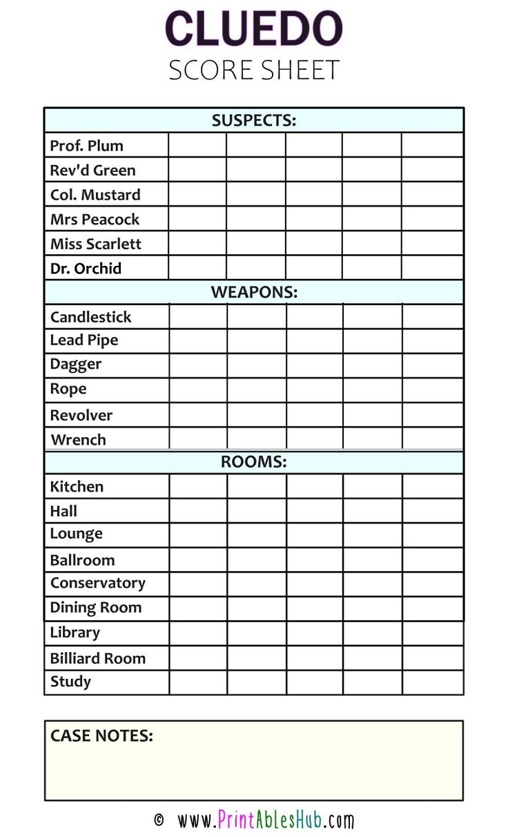 Blank Printable Clue Sheets