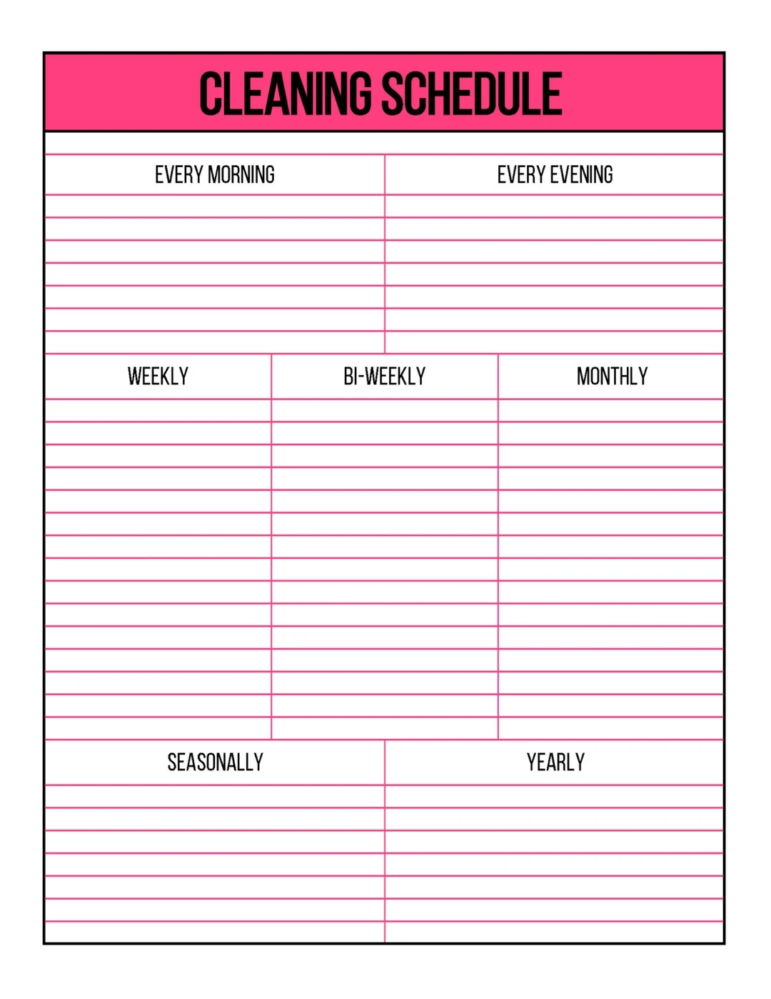 Pink Printable Cleaning Schedule 1 Page Letter Size Lined And 