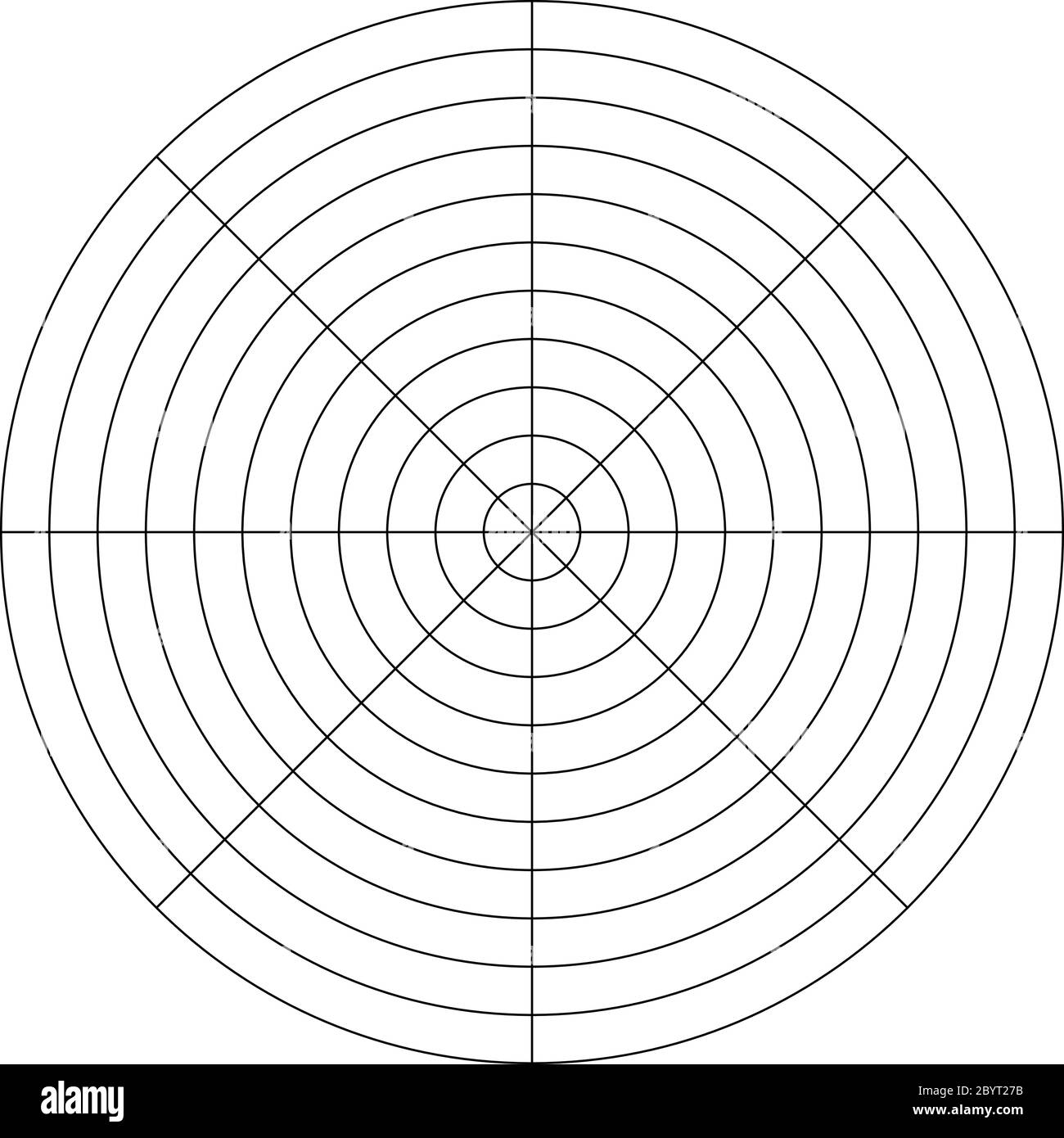 Polar Grid Of 10 Concentric Circles And 45 Degrees Steps Blank 