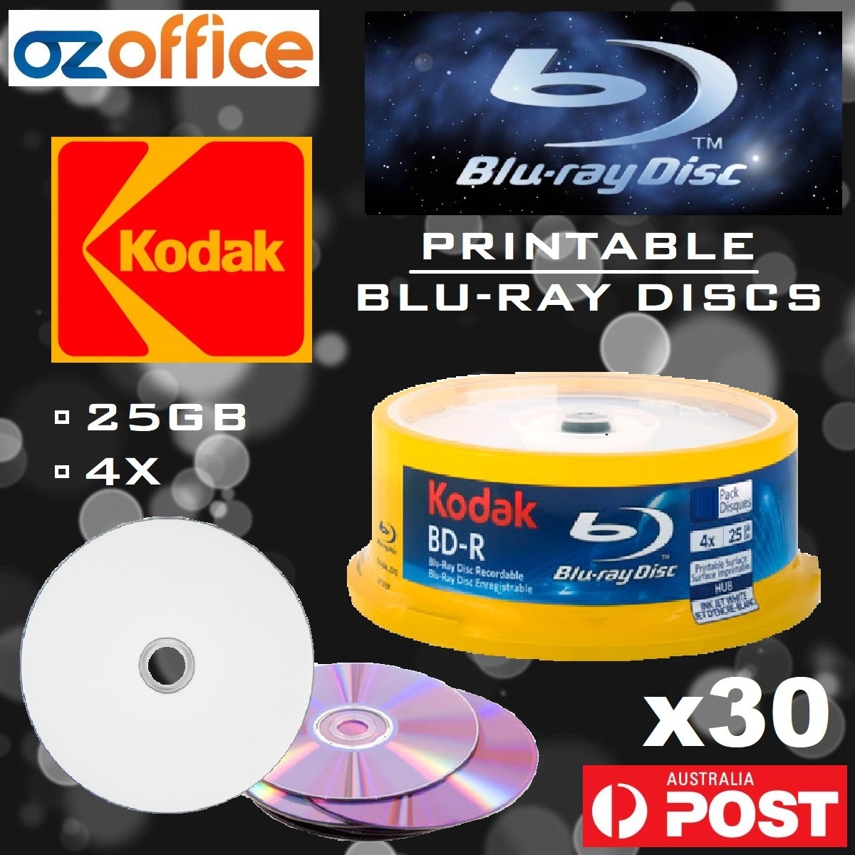 PREMIUM 30 X KODAK Blank Blu Ray Discs 25GB BDR 4X White Inkjet 