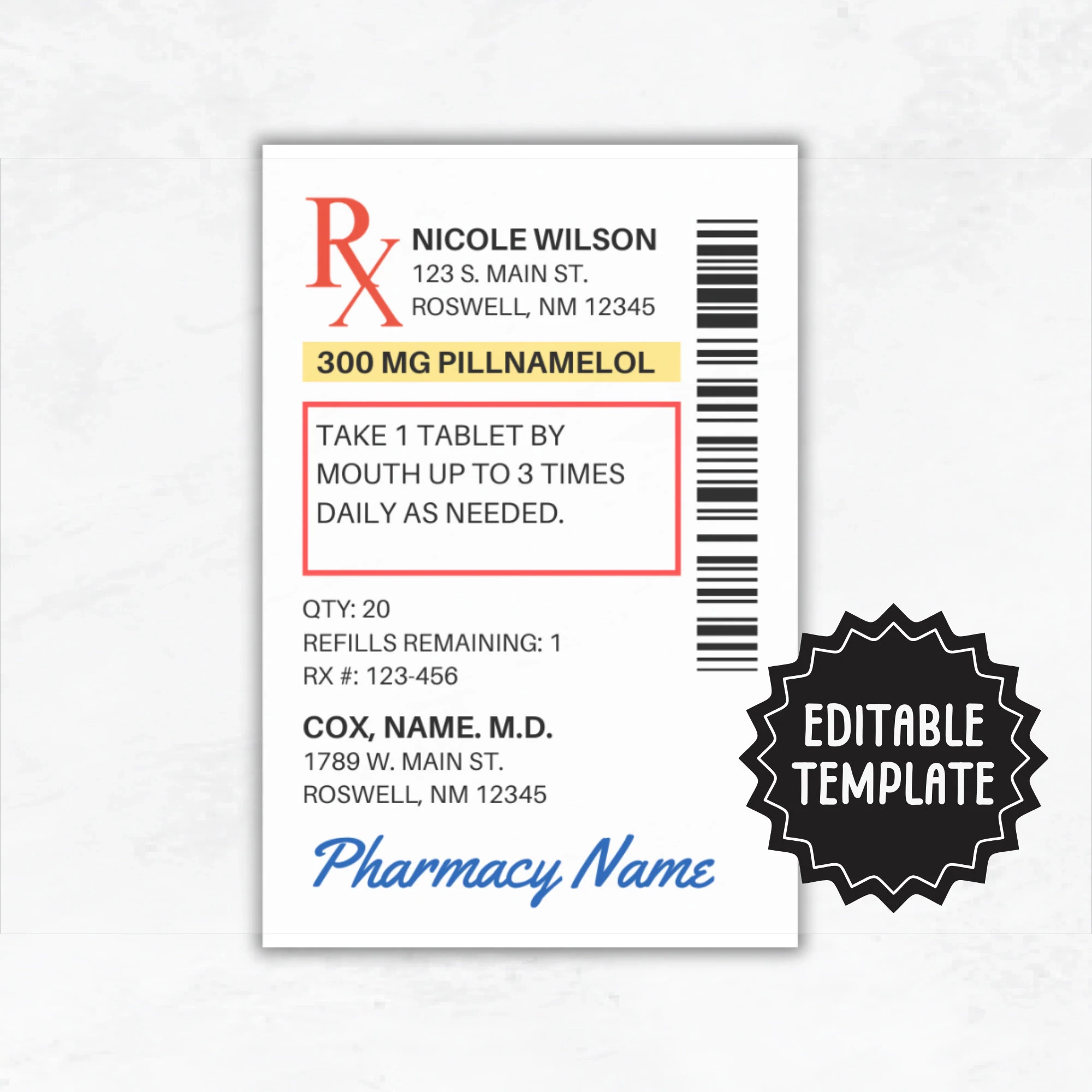 Prescription Label Template Editable RX Bottle Label Template 