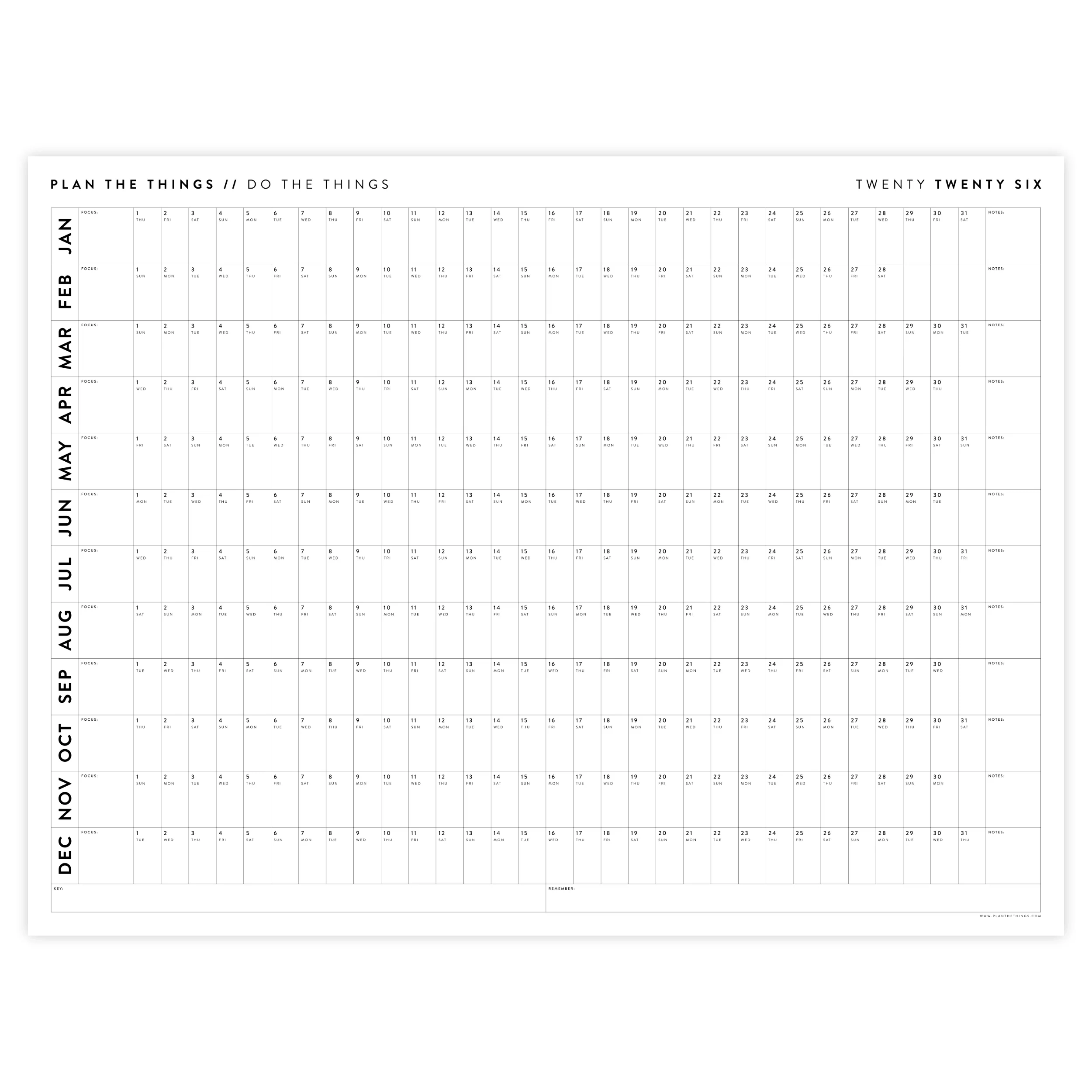 PRINTABLE 2026 HORIZONTAL WALL CALENDAR MINIMAL INSTANT 