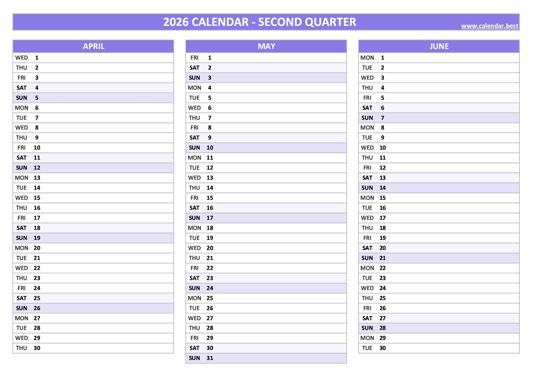 Printable 2nd Quarter 2026 Calendar
