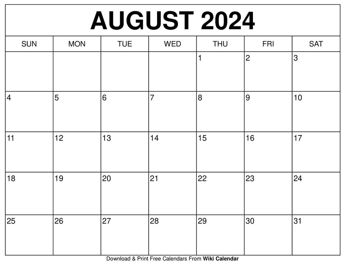 Blank August Printable Calendar