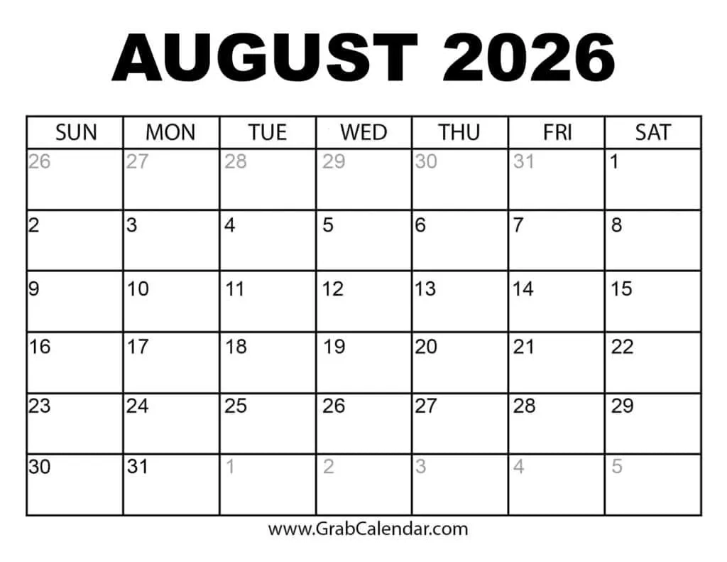 Blank Calendar Printable 2026 August