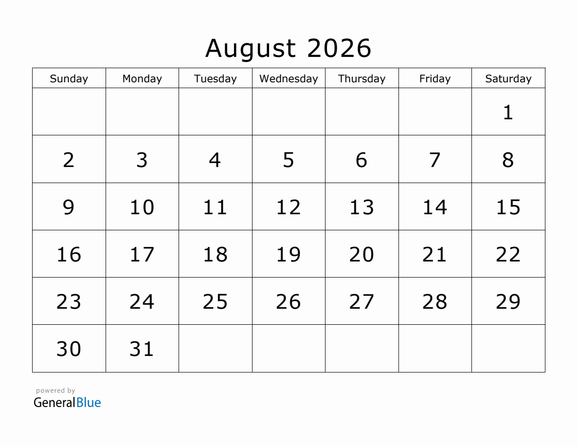 Printable Blank August 2026 Calendar