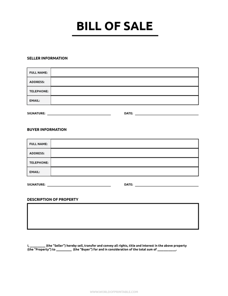 Blank Bill Of Sale Printable