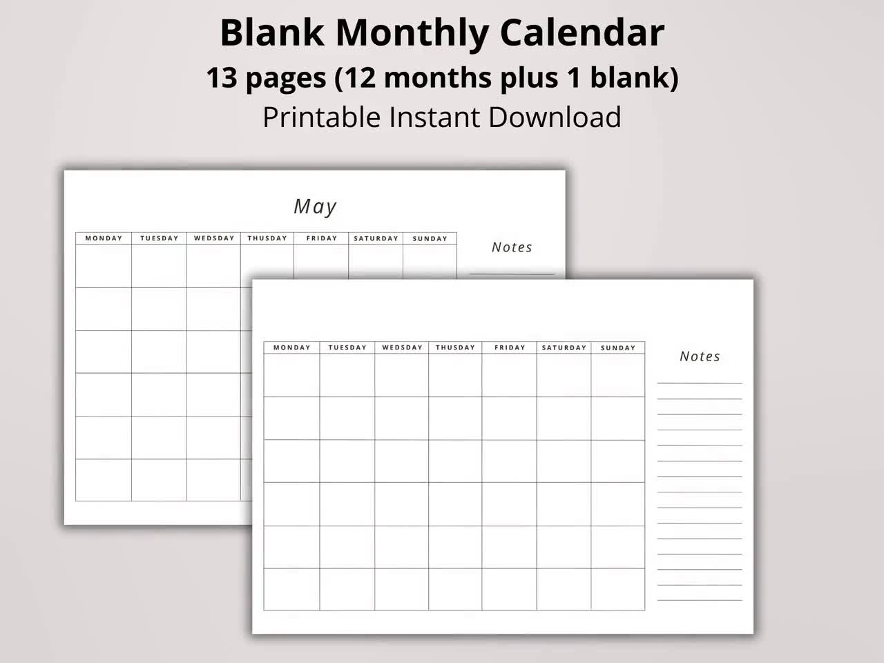 Printable Blank Monthly Calendar With Notes A3 A4 US Letter Digital Download 