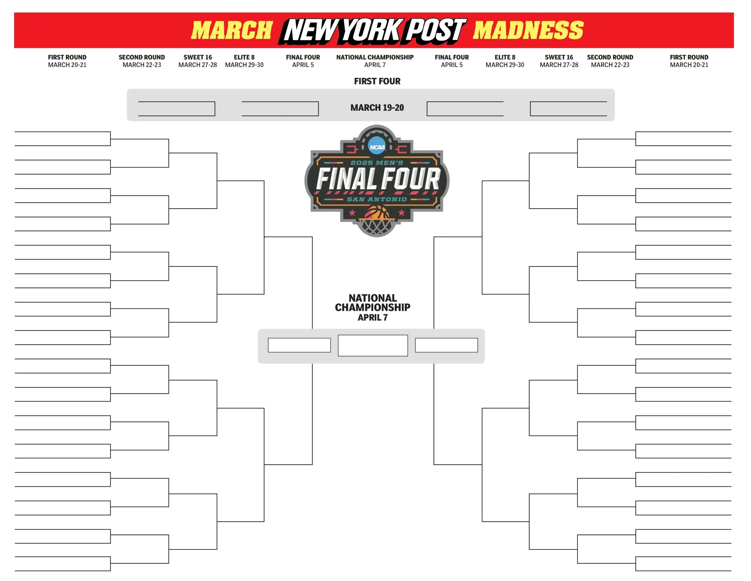 Printable Blank NCAA Bracket Template For March Madness 2025