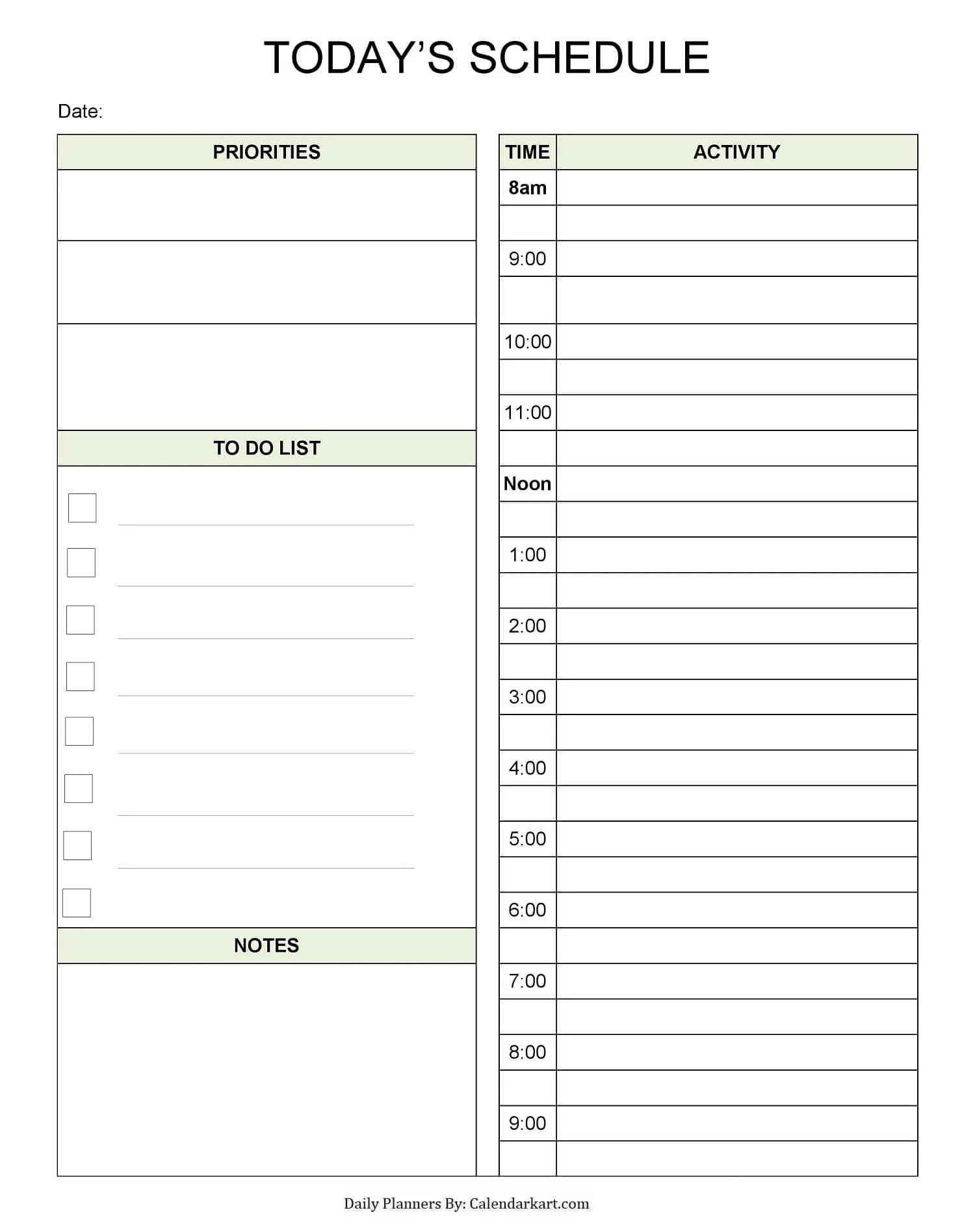 Blank Printable Daily Calendar