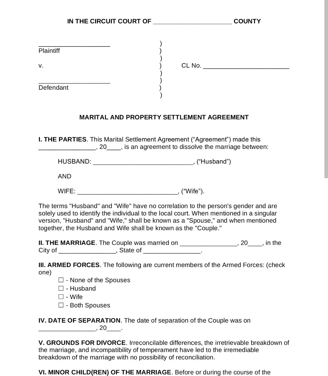 Blank Printable Divorce Papers