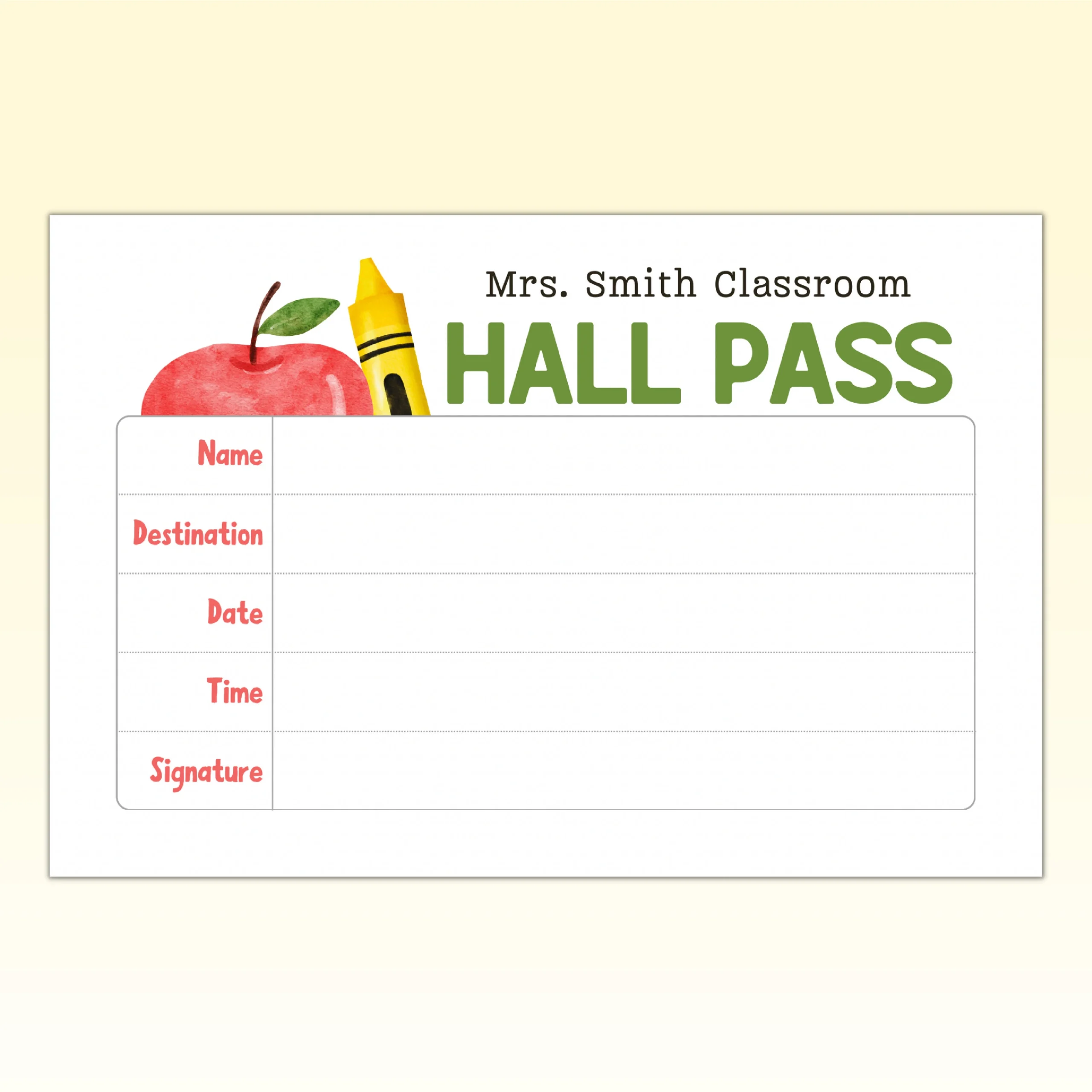 Printable Hall Pass Notepad Personalized Teacher Hall Pass Note 