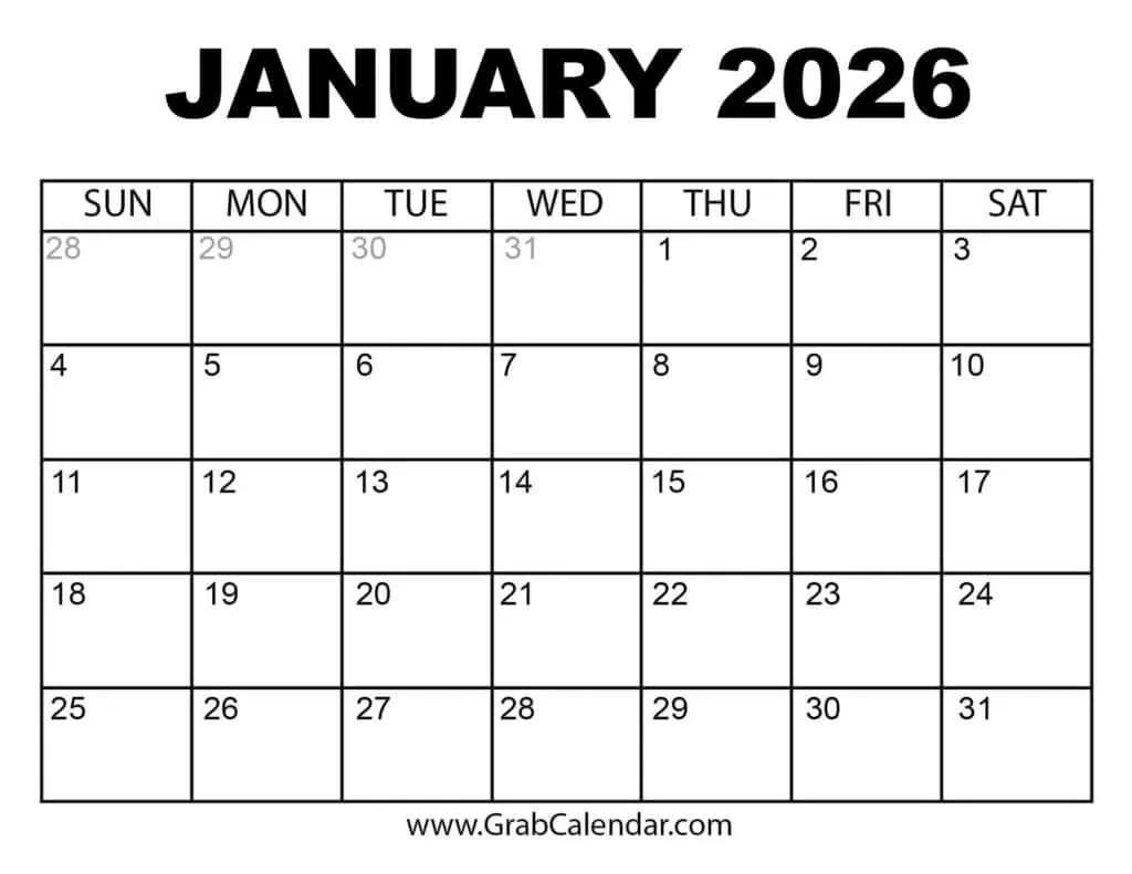 Printable Blank Calendar Monthly 2026