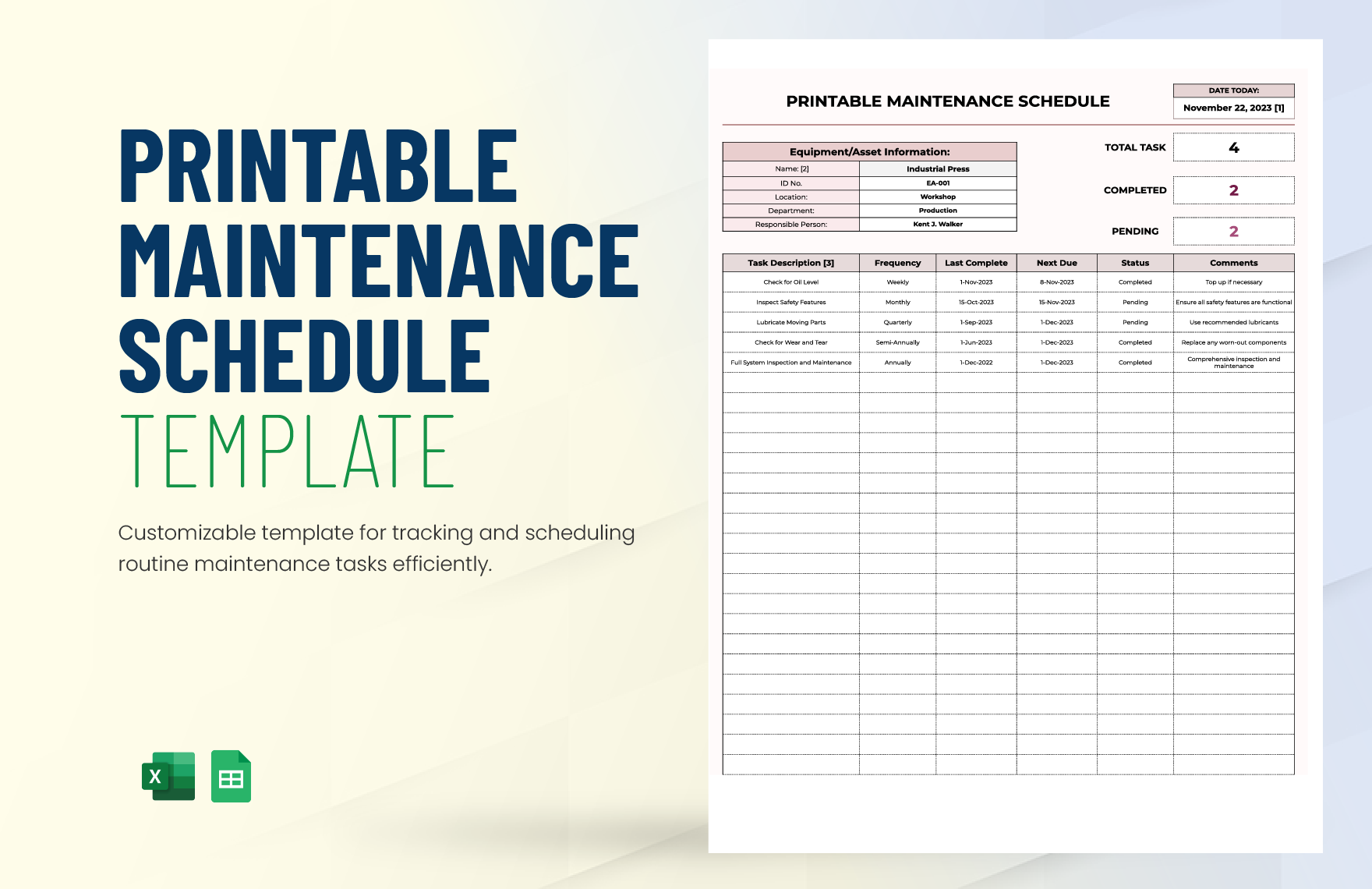 Printable Maintenance Schedule Template In Excel Google Sheets 