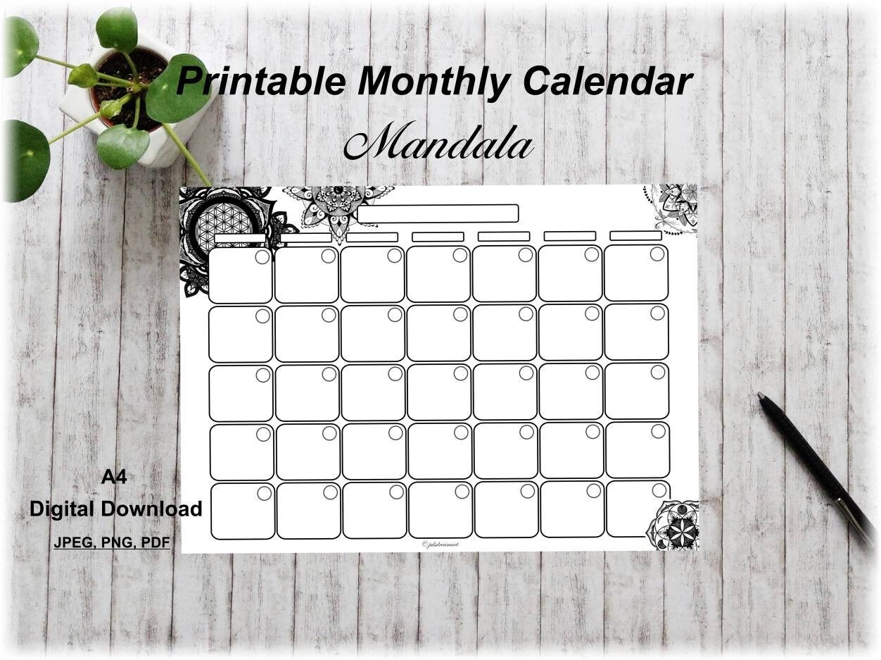 Printable Monthly Calendar Mandala Calendar Undated Desk 