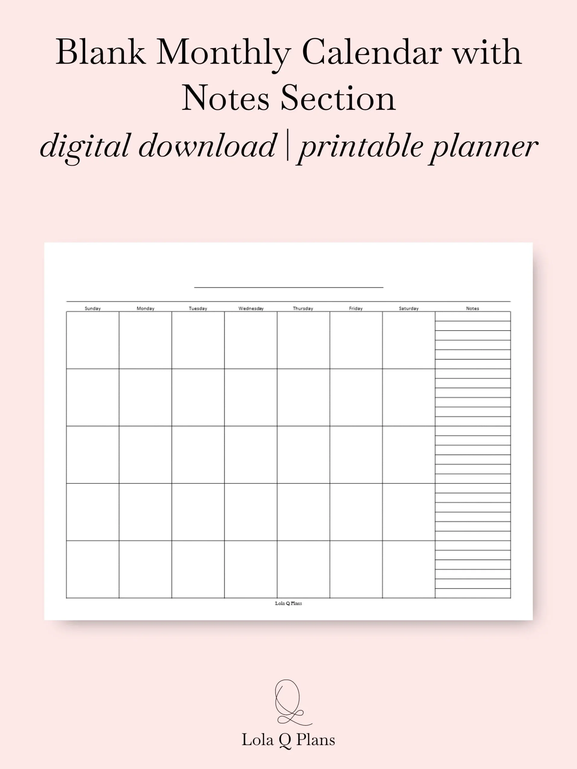 Printable Monthly Calendar With Notes Section Calendar Insert 