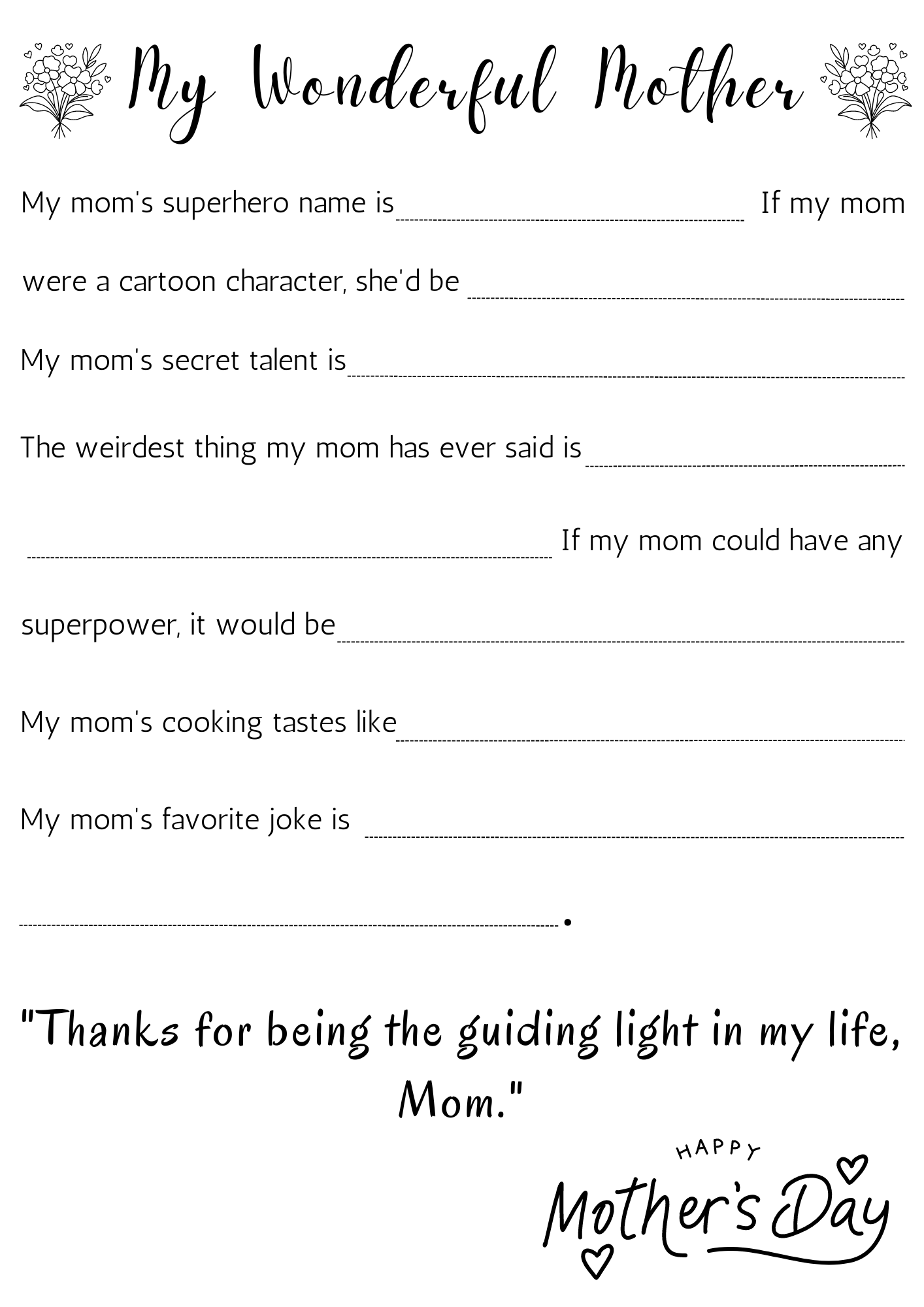 Printable Mothers Day Mother s Day Fill In The Blank Fun Activity 