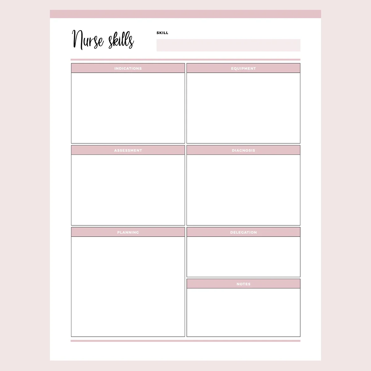 Printable Nursing Skills Study Template Instant Download PDF