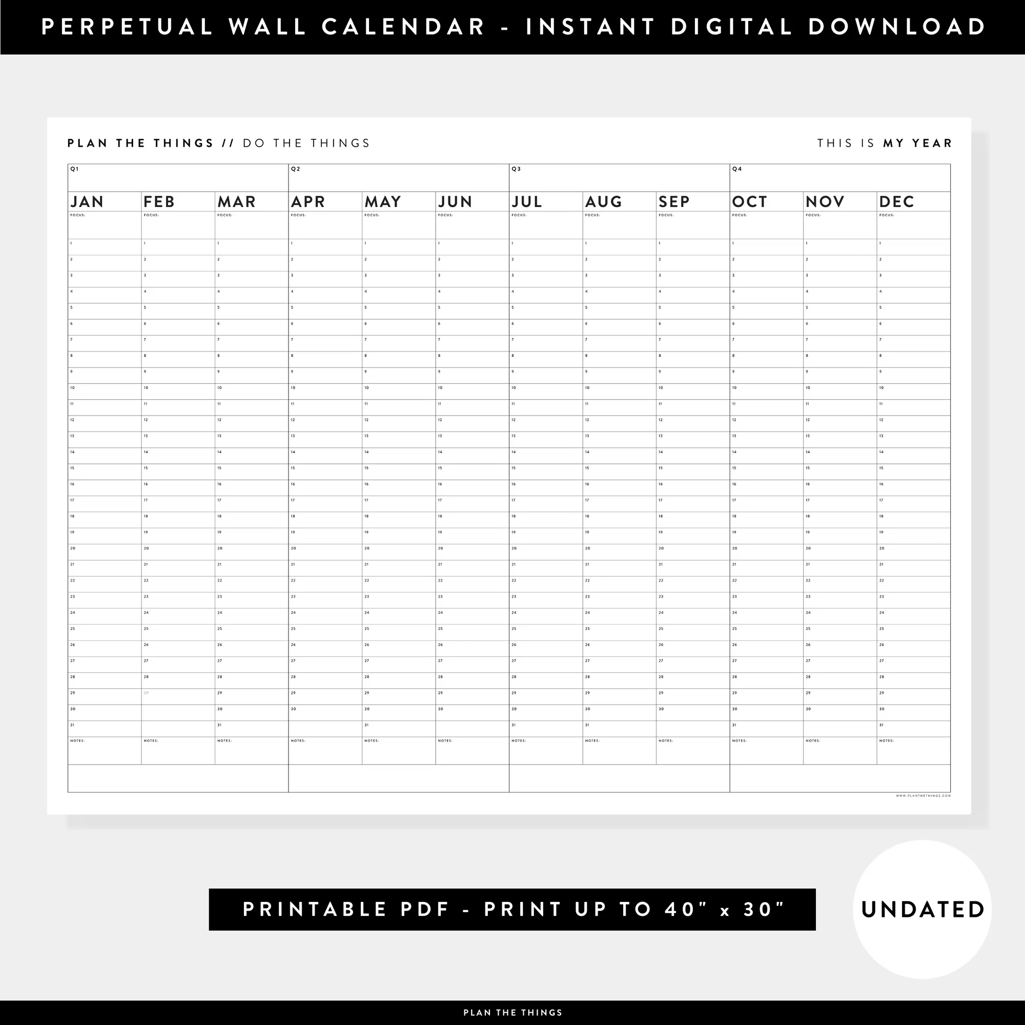 PRINTABLE PERPETUAL WALL CALENDARS INSTANT DOWNLOAD Plan The 