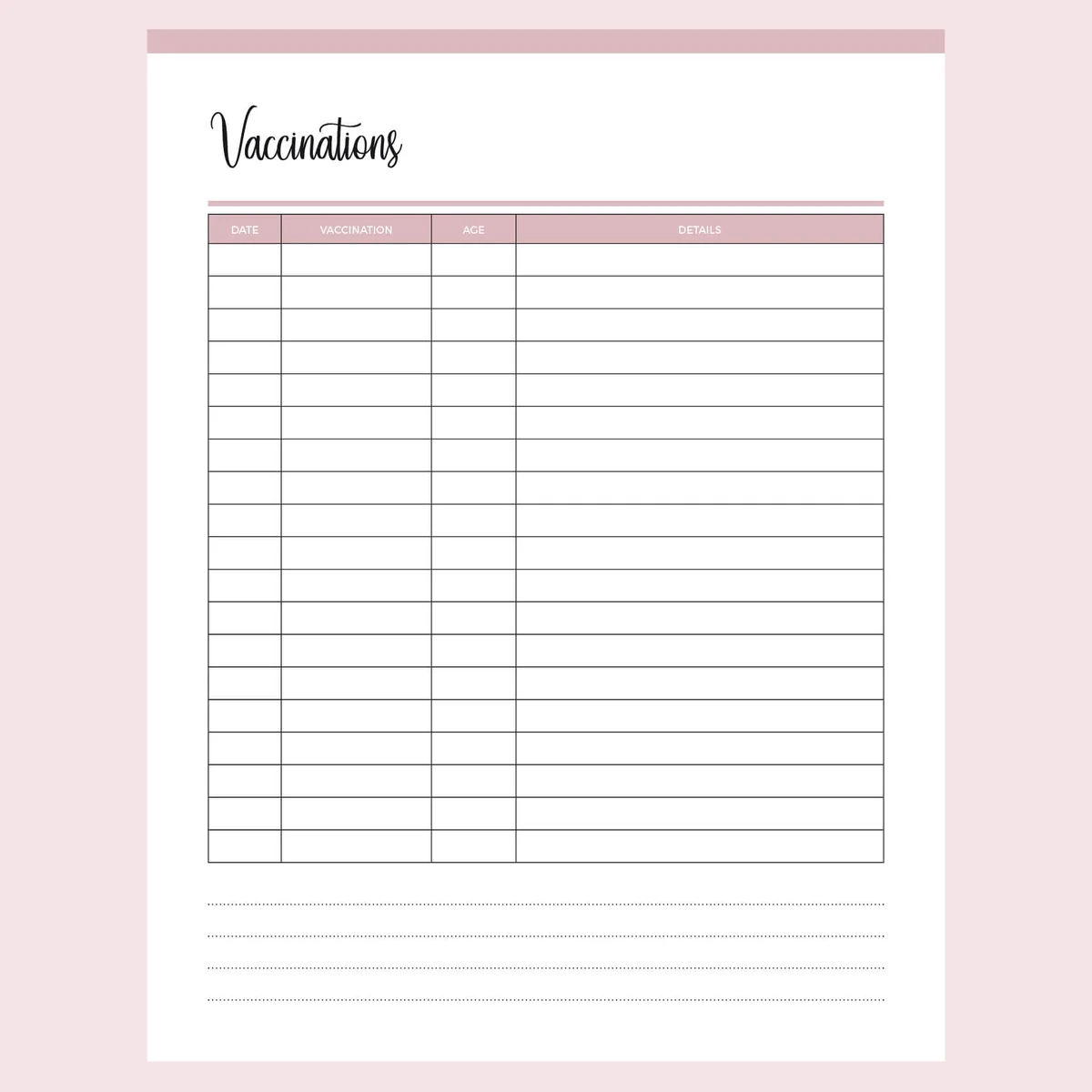 Printable Pet Vaccination Record