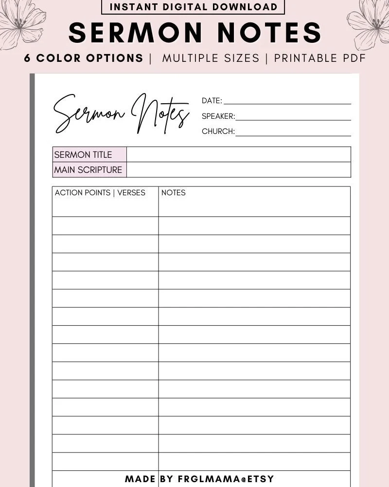Printable Sermon Notes Template Christian Planner Bible Study 