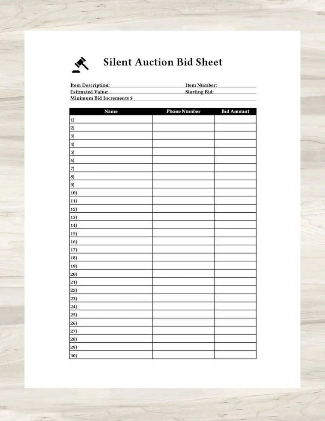 Printable Silent Auction Bid Sheet great For Charity school 