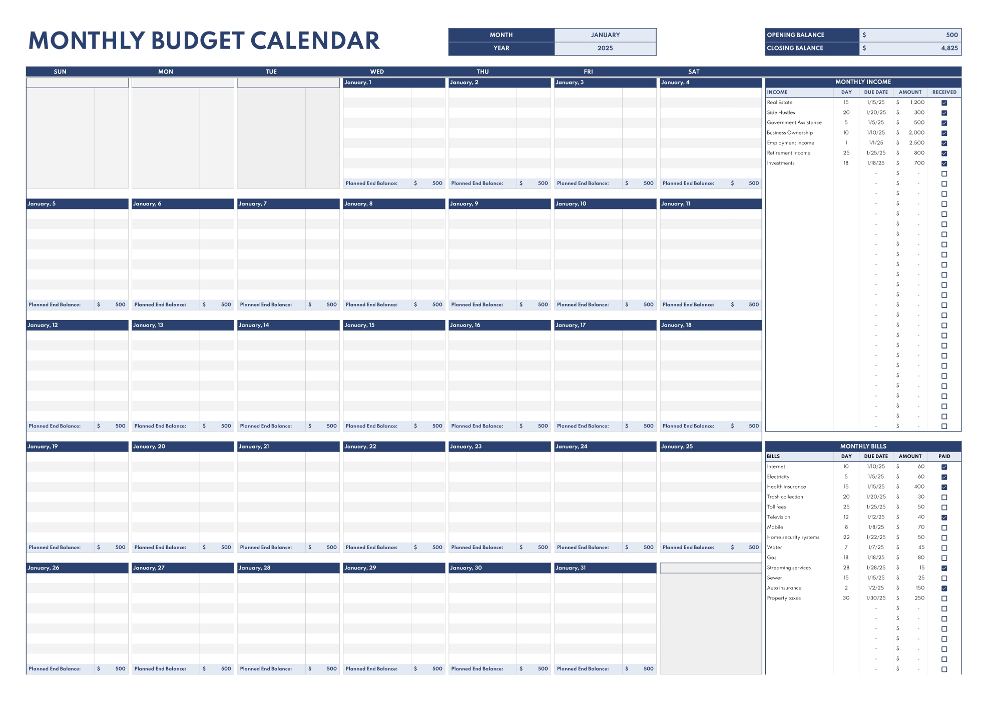 Budget Printable Blank Calendar
