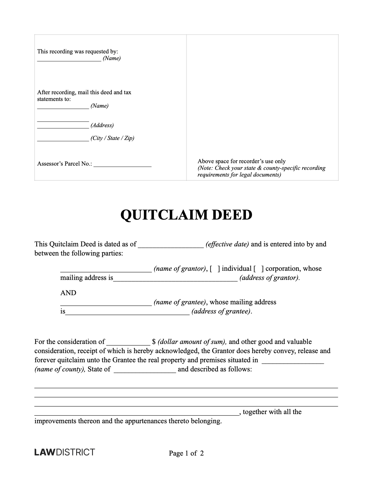 Quitclaim Deed For All US States PDF amp Sample Lawdistrict