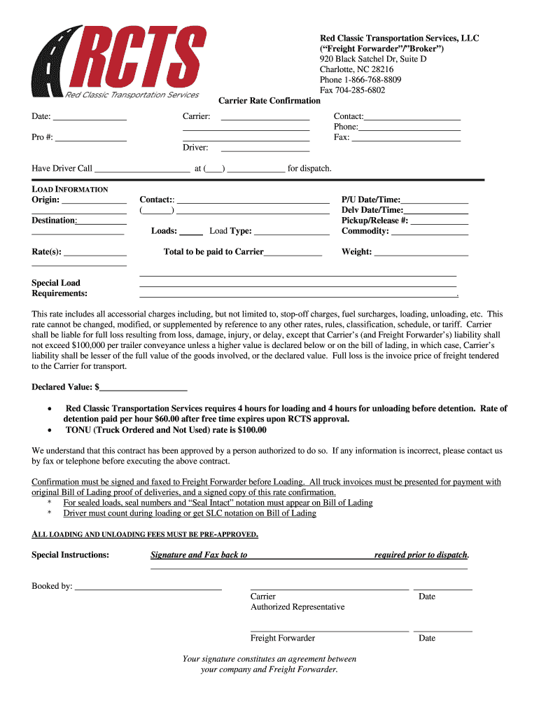 Blank Rate Confirmation Printable
