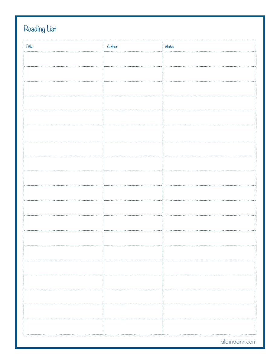Reading List Printable Alaina Ann