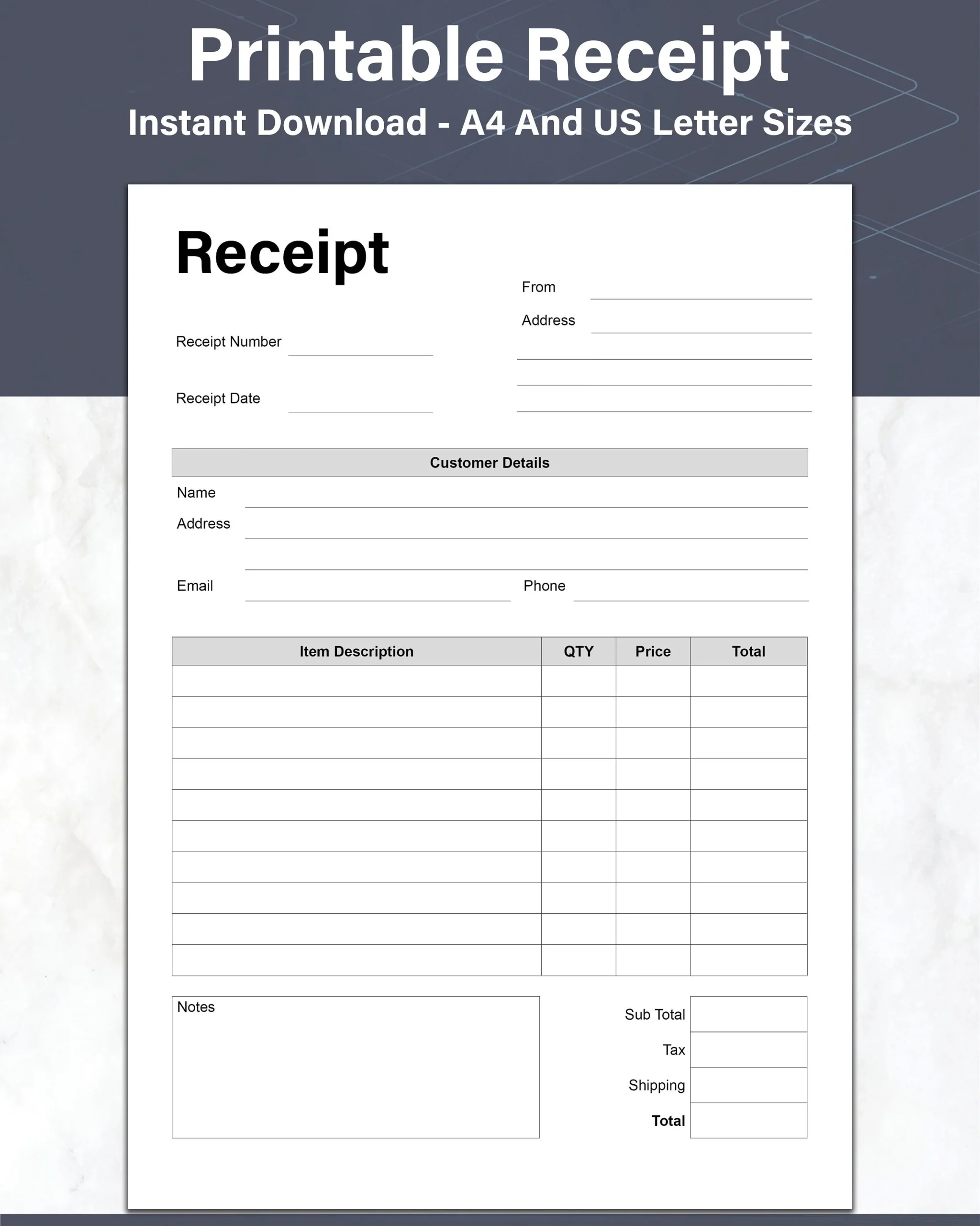 Receipt Template Printable Customer Order Receipt Small Business 