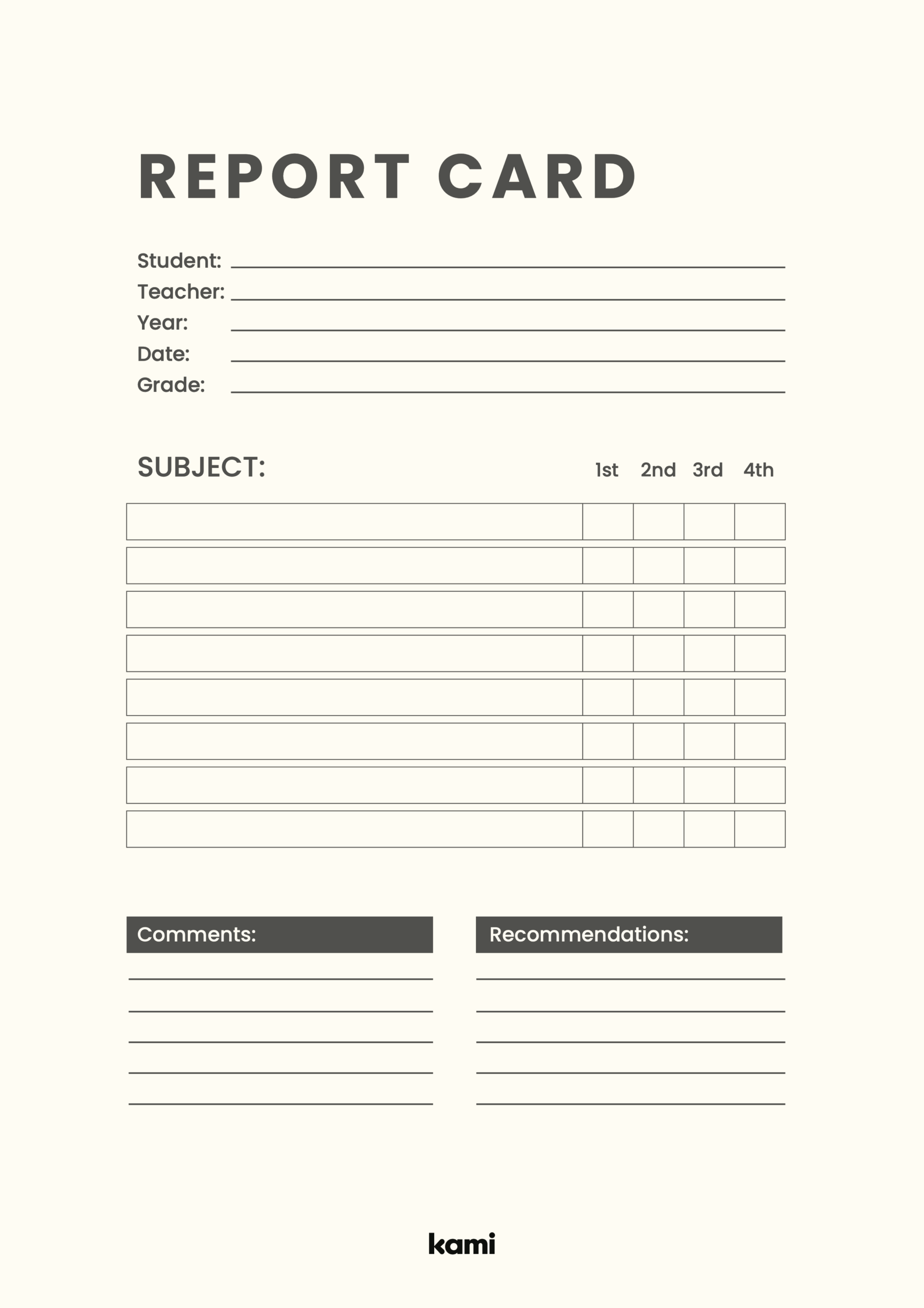 Blank Subject Printable Report Cards