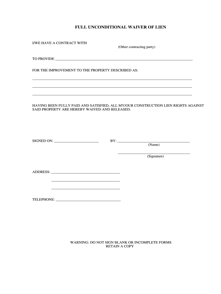 Roosth Construction Full Unconditional Waiver Of Lien Form Fill 